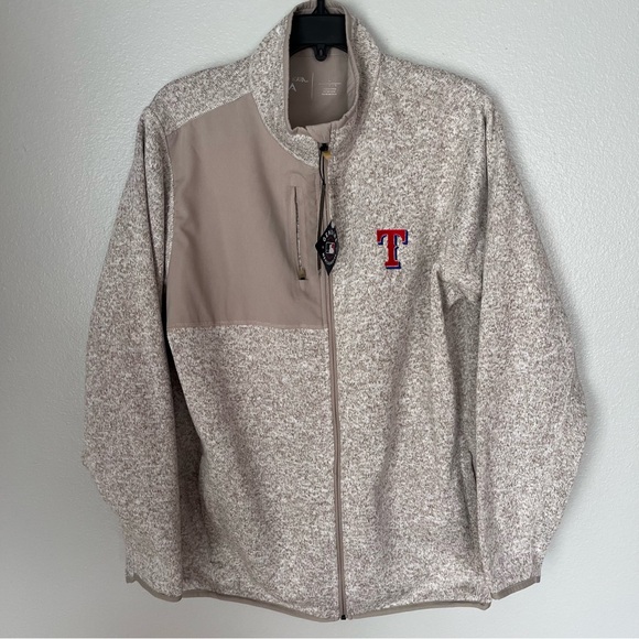Antigua Mens Texas Rangers Full Zip Jacket Oatmeal Light Brown Baseball large